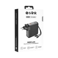 S-link G150 15000mAh Lightning+Type-C Kablolu Powerbank Siyah PD22.5W LCD AC Prizli  Pil Şarj Cihazı