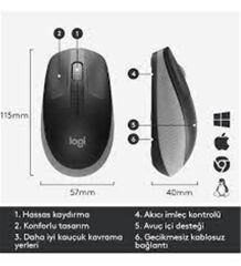 Logitech 910-005922 M191 Mid Grey Büyük Boy Kablosuz Mouse Optik 1000 Dpı Buton