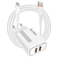 S-link SL-EC50 (SL-EC50T) 5V 2400MA Type-C Kablolu 2 USB Çıkışlı Beyaz Ev Şarj Adaptörü