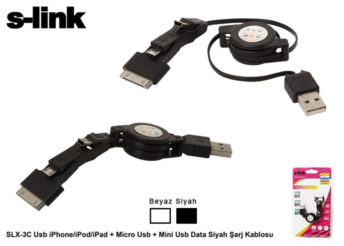 S-link SLX-3C WH mini-micro usb+ipad-iphone 4-3gs Kablosu