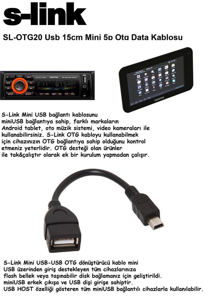 S-link SL-OTG20 Mini 5p To Otg Usb Dişi Data Kablosu Tablet Pc İçin