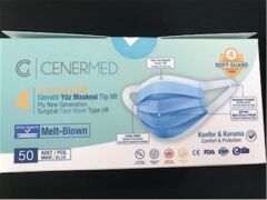 Cenermed Mavi 4 Katlı Yumuşak Elastikli Çift Kat Melt-Blown Kutuda 50 Adet