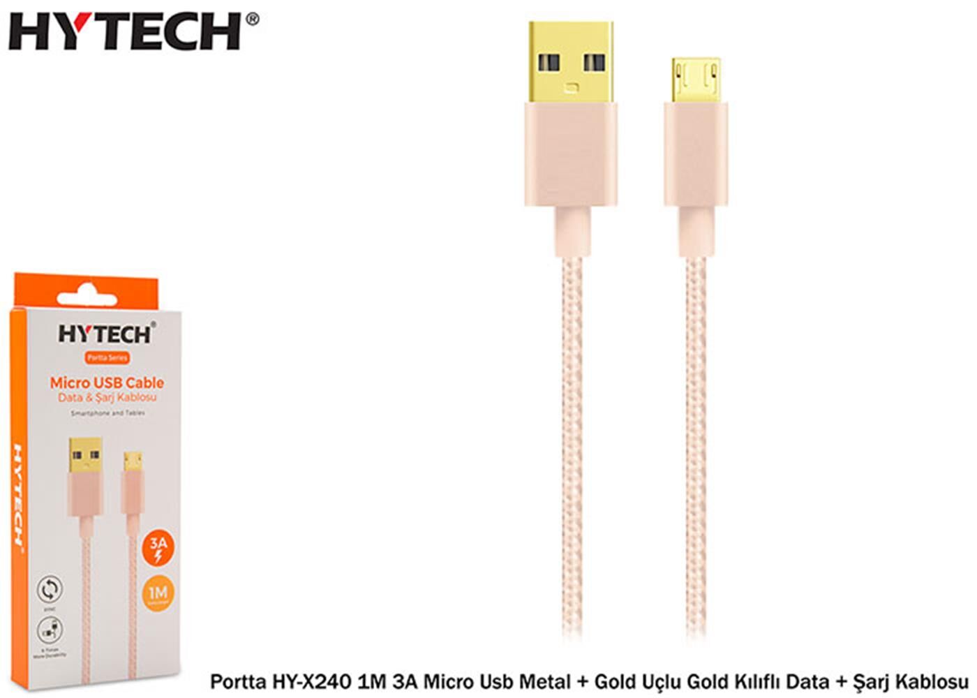 Hytech Portta HY-X240 1M 3A Micro Usb Kılıflı Gold Data + Şarj Kablosu