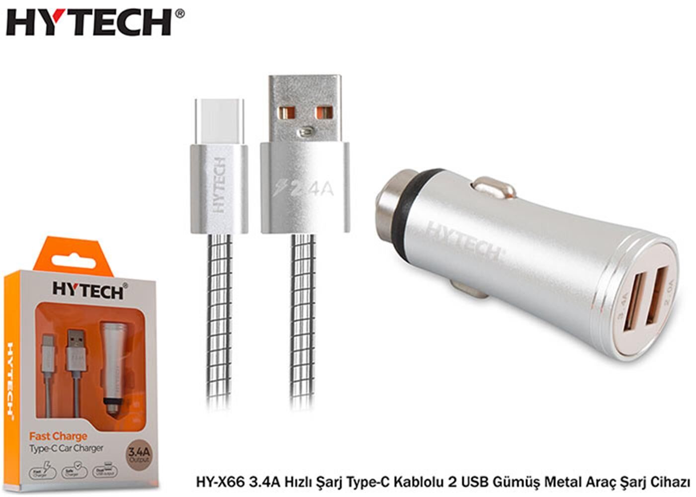 Hytech HY-X66 3.4A Hızlı Şarj Type-C Kablolu 2 USB