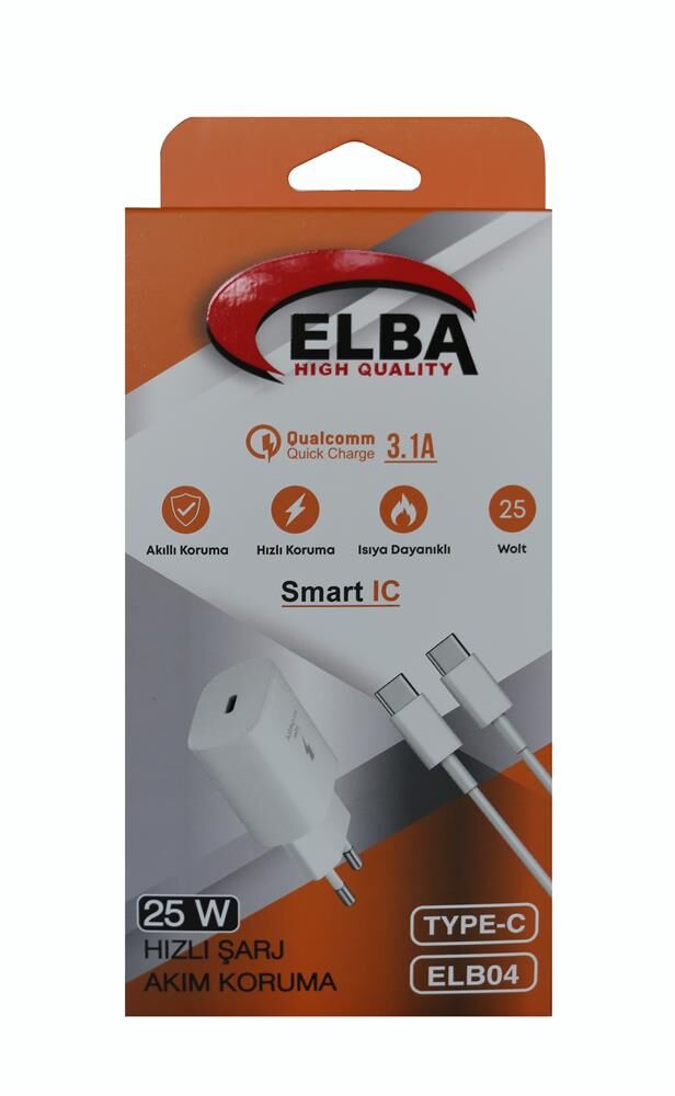 Elba ELB04-PD-25WTypc Beyaz 25W Typc-e Ev Şarj Kafa+1mt Type-c To Type-c Kablo 3.1 Hızlı Şarj