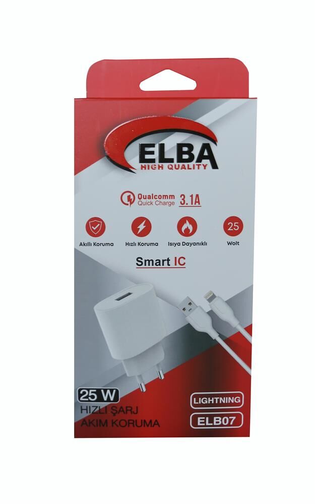 Elba ELB07-USB-25WIOS Beyaz 25W Usb Ev Şarj Kafa+ Usb 1mt Lightning Kablo QC4.0 Hızlı Şarj