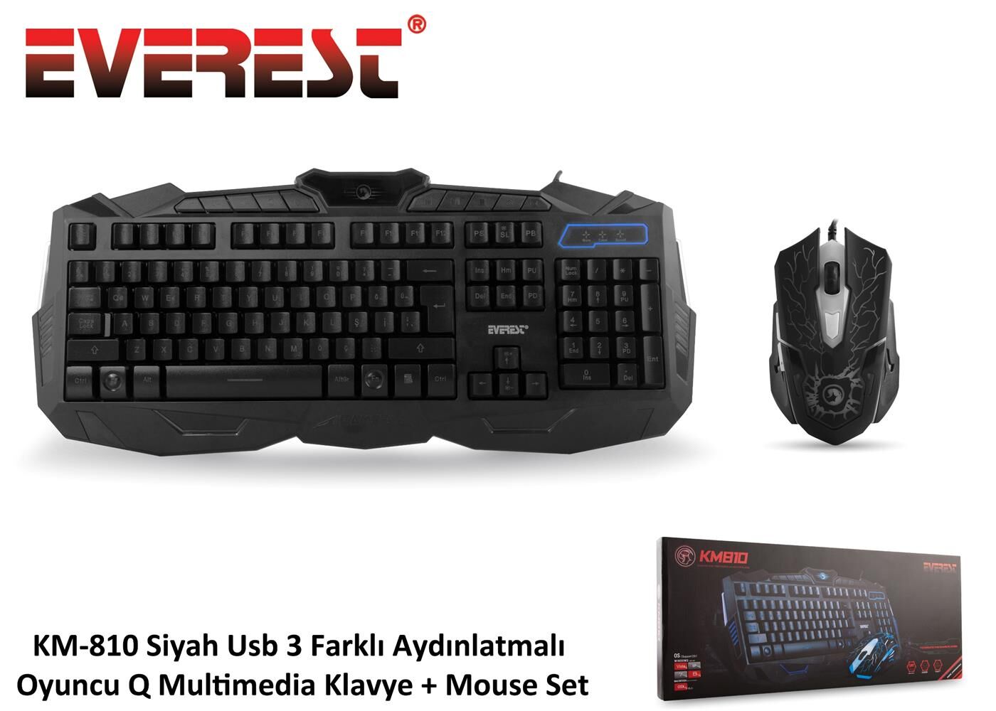 Everest KM-810 Siyah Q Usb Kablolu Multimedya Gaming Klavye Mouse Set 3 Farklı  Aydınlatmalı