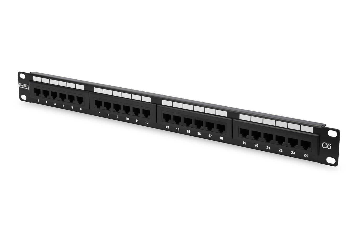 Digitus 19'' 24 Port Cat-6 UTP Patch Panel, 8P8C, 50 µ (Mikron), Altın Kontak, LSA, 1U, Zırhsız