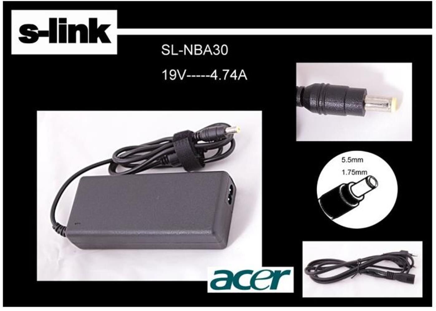 S-link SL-NBA30 19v 4.74a 5.5-1.75 Notebook  Adaptörü