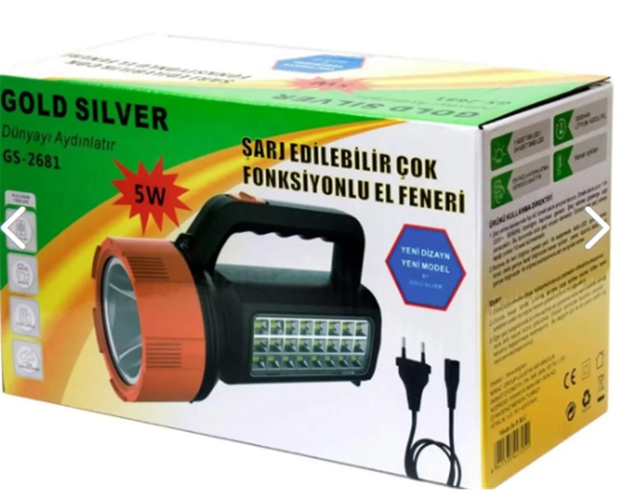 Gold Silver GS-2681 5W Led Şarj Edilebilir Çok Fonksiyonlu El Feneri