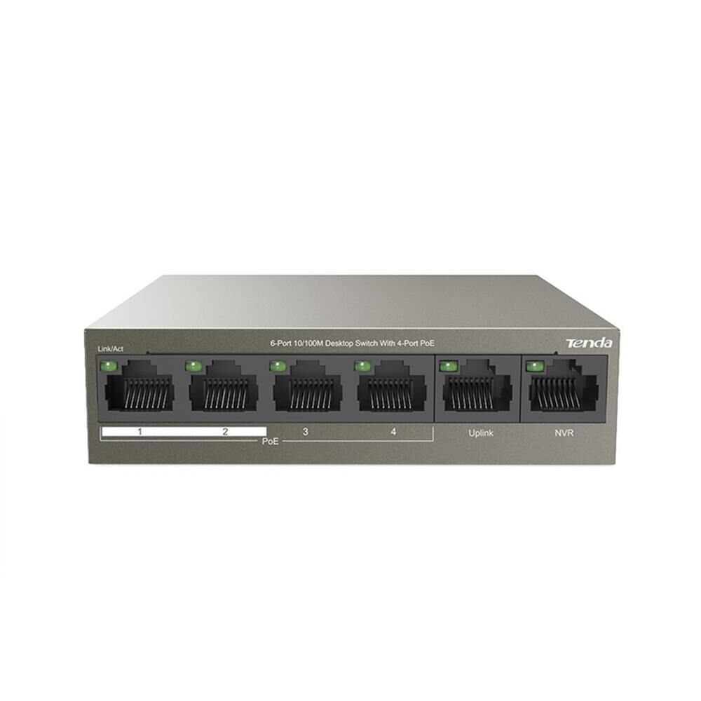 Tenda TEF1106P 6 Port 4 Port Poe+ 10-100 + 2 Port Uplink Switch Çelik Kasa Rack Mount