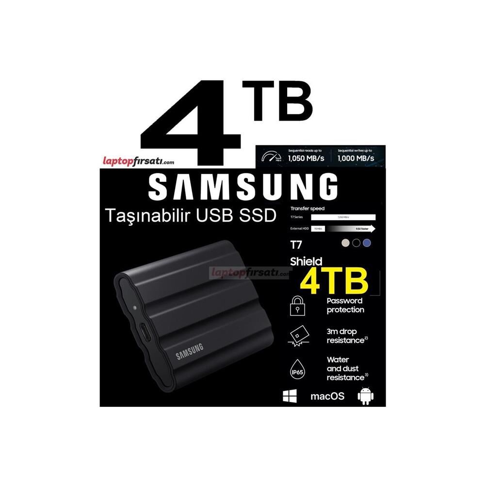 Samsung 4TB T7 Shield MU-PE4T0S-WW 1050MB-1000MB-S USB 3.2 Gen2 Taşınabilir SSD Siyah