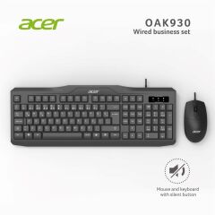 Acer OAK-930 Kablolu Sessiz Tuşlu  Klavye Moue Set Siyah (Klavye 1,40Cm-Mouse 1.60Cm Kablo)