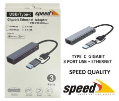 Speed UET01 10-100-1000 USB - Type c 3 Port USB 3.0 Çoklayıcı Gigabit Ethernet Çevirici