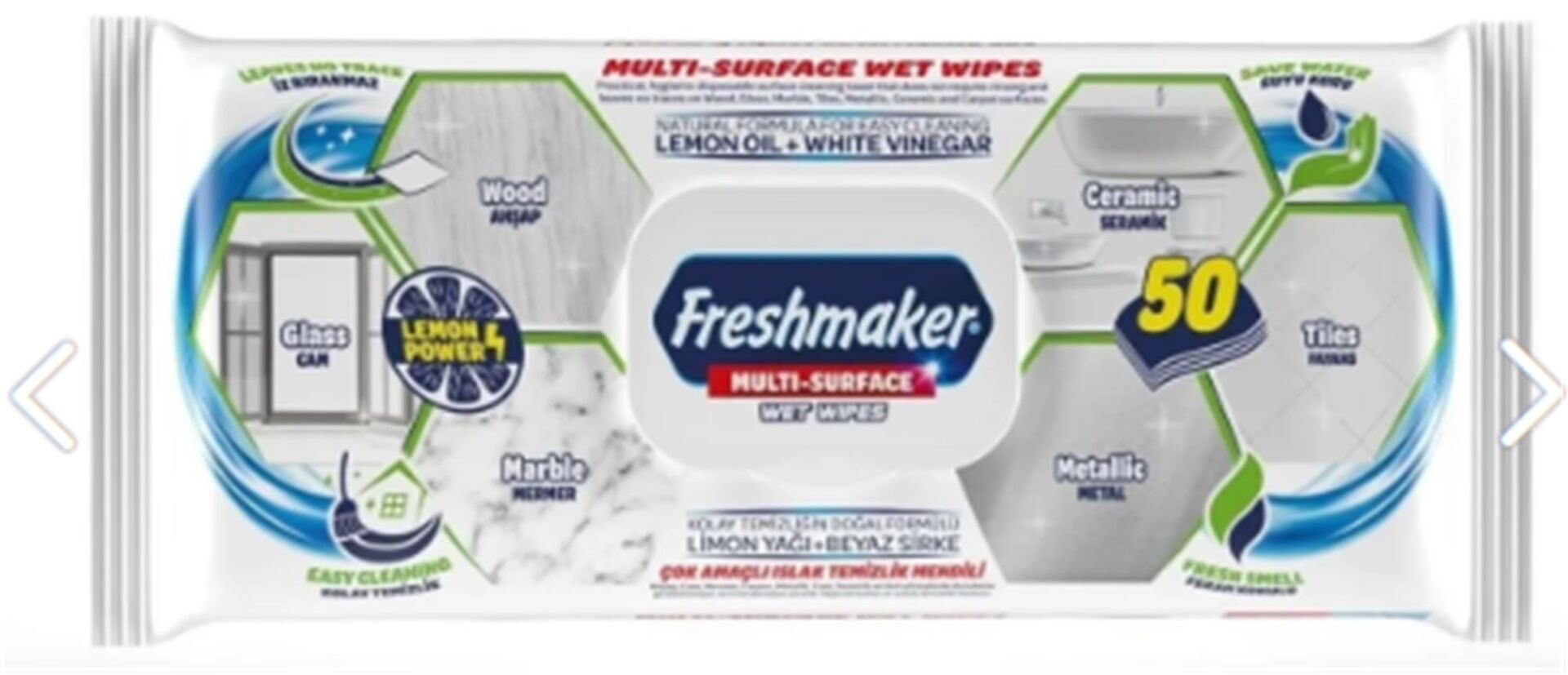 Freshmaker 50li Çok Amaçlı Islak Mendil Limon Yağı+Beyaz Sirke)(Mermer-Ahşap-Metal-Seramik)