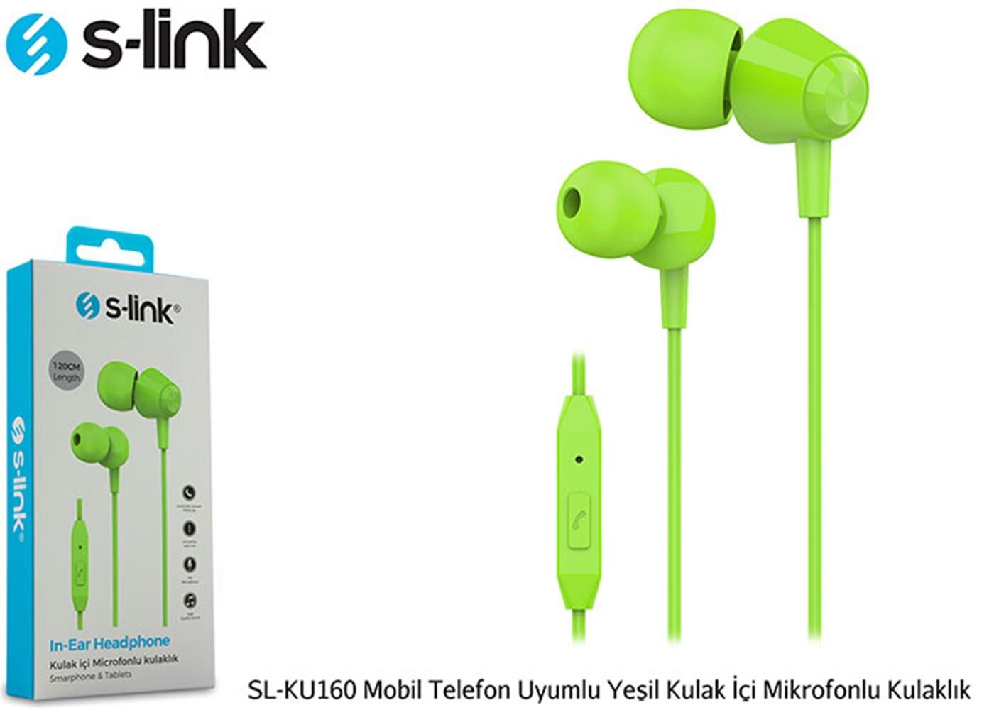 S-link SL-KU160 Mobil Telefon Uyumlu Yesili Kulak İçi Mikrofonlu Kulaklık