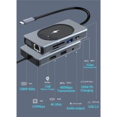 Daytona W9 9ın1 Type-c To Usb 3.0 4k Hdmı Gigabit Rj45 Aux 9 Port Çevirici Hub Adaptör