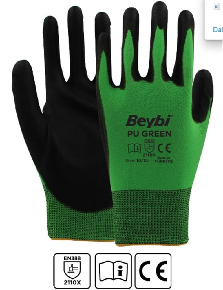 Beybi PU Green 9Beden 12li Paket Poliüretan Kaplı Polyester Örme Ediven(2110X)