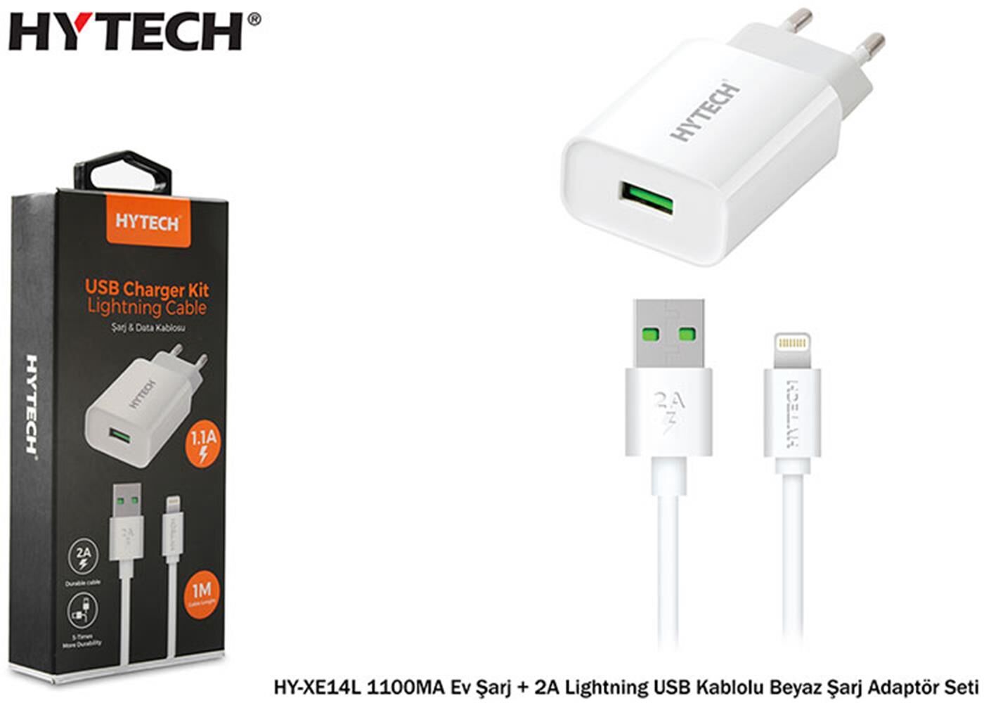 Hytech HY-XE14L 1100MA Ev Şarj + 2A Lightning USB Kablolu Beyaz Şarj Adaptör Seti